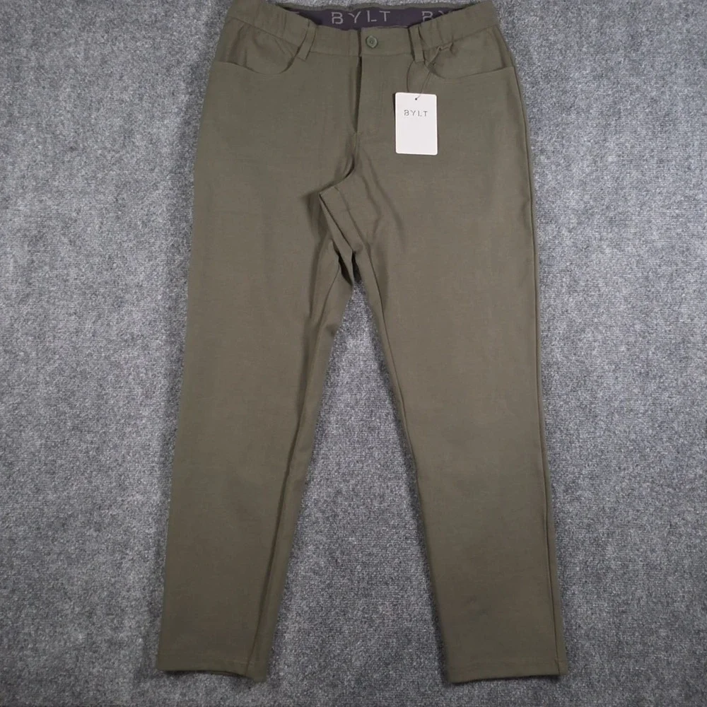 NWT BYLT Lux Pants Mens 34x30 Dark Olive Stretch Bamboo Slim Chino 5 Pocket